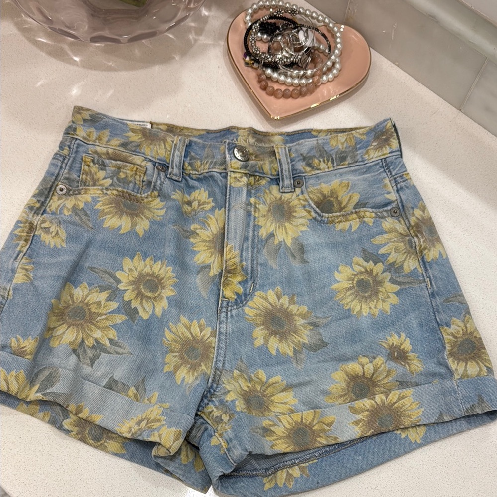 American Eagle Outfitters Blue and Yellow Jean Shorts Sunflower Print